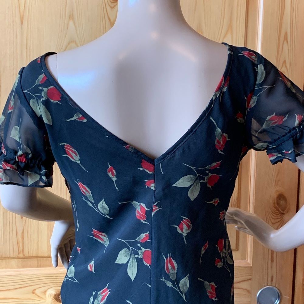 Vintage 90s Y2k Fredericks of Hollywood Black Red Midi Dress Roses Size 6 Floral - Picture 10 of 16
